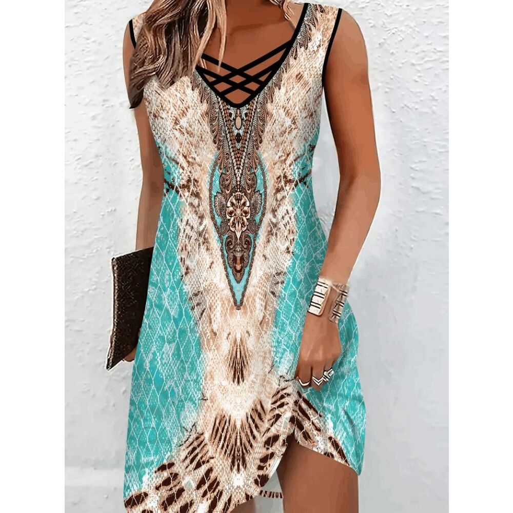Sleeveless Turquoise Print Midi Dress with Crisscross Neckline